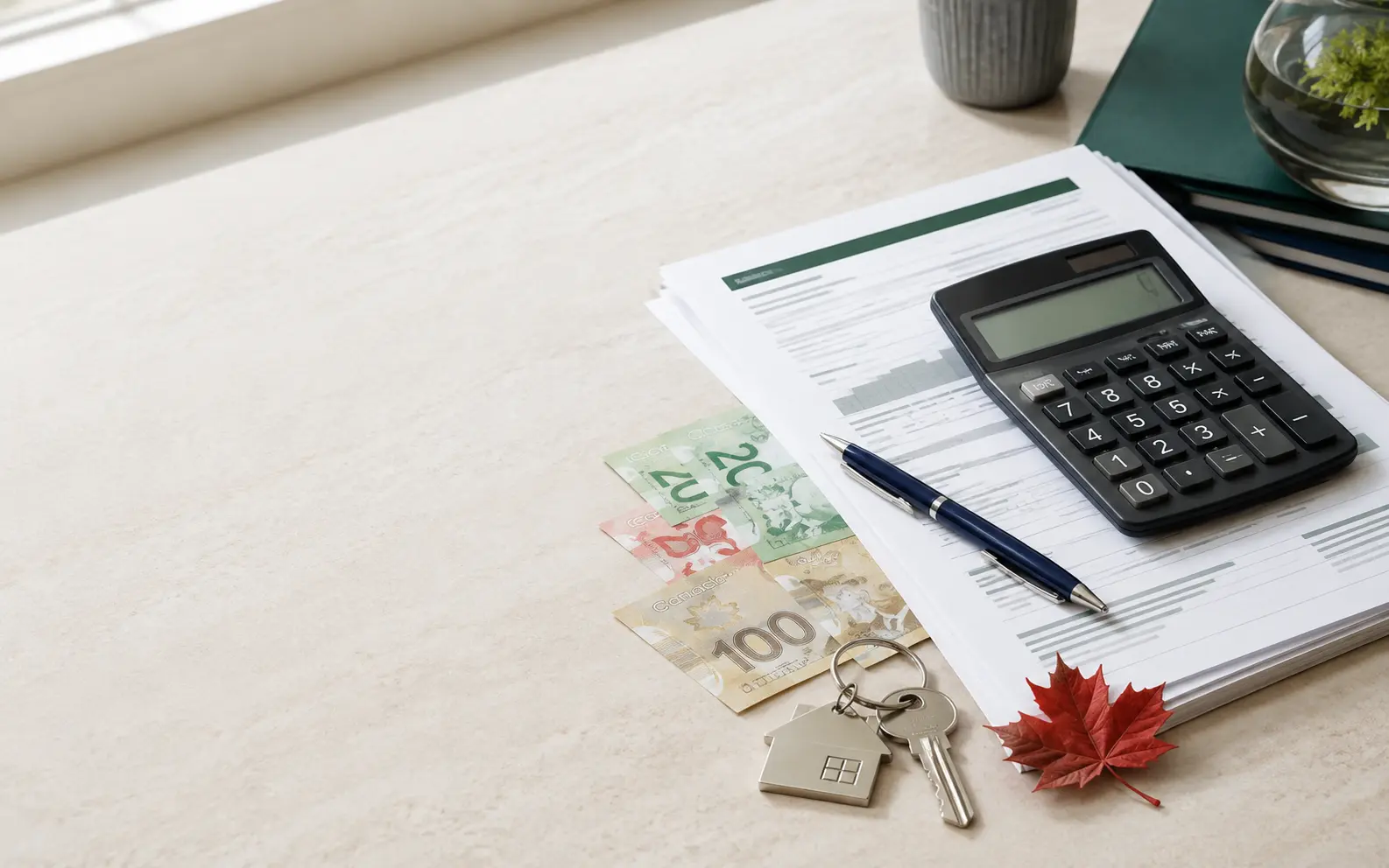 Canadian personal tax documents, calculator and currency arranged on a desk